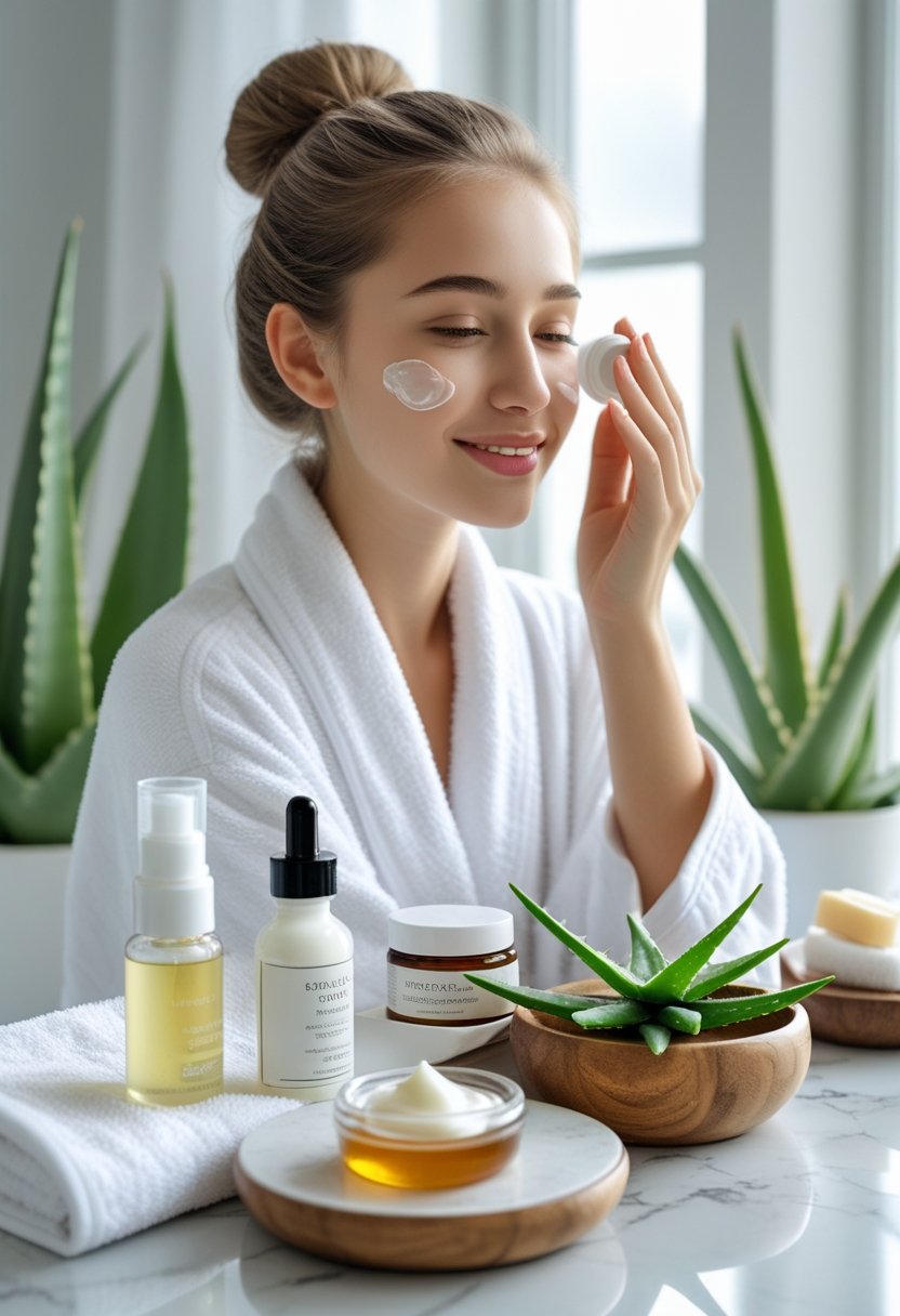 A young woman applying moisturizer in a bright bathroom surrounded by natural skincare products and plants.